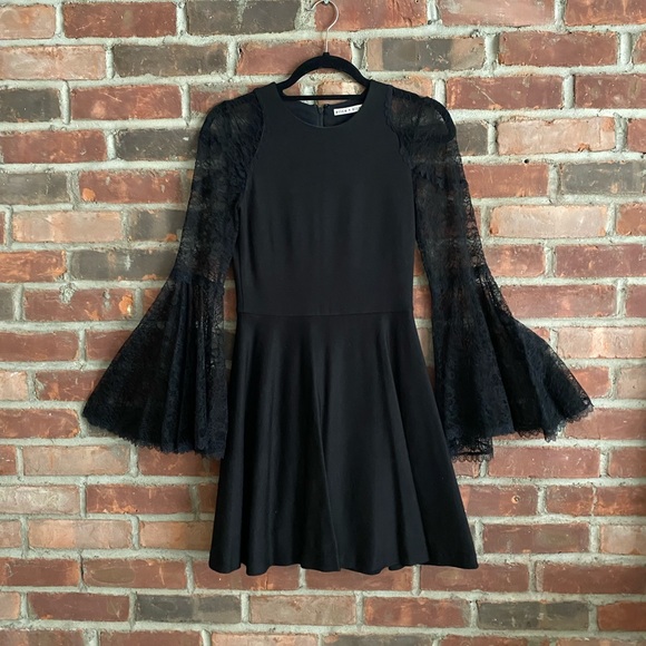 Alice + Olivia Black Lace Bell Sleeve Fit and Flare Dress - Picture 5 of 6